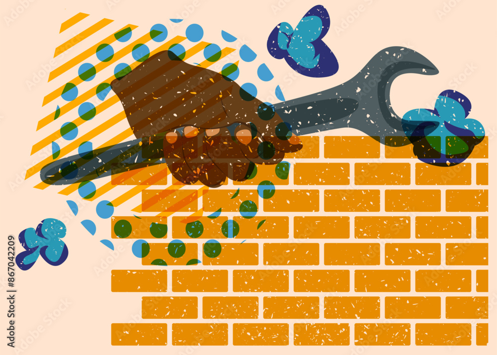 Poster risograph wrench in hand with geometric shapes. objects in trendy riso graph print texture style des