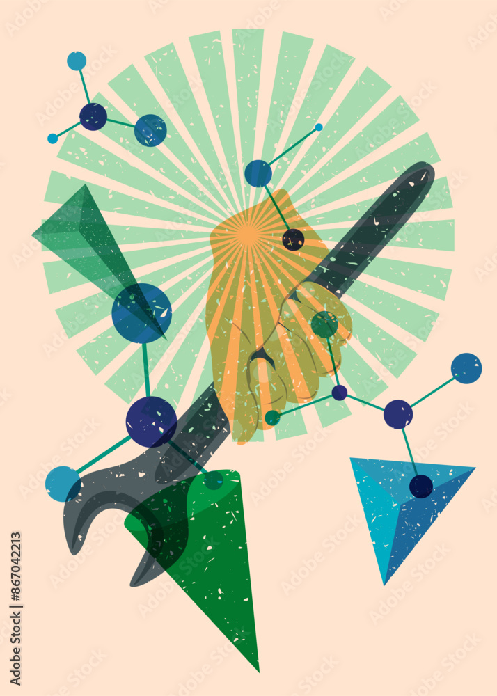 Poster risograph wrench in hand with geometric shapes. objects in trendy riso graph print texture style des