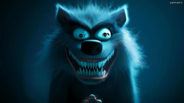 Fierce blue werewolf with glowing eyes and sharp teeth emerges from darkness. Intense facial expression with furrowed brow. Ethereal blue glow illuminates fur. 
