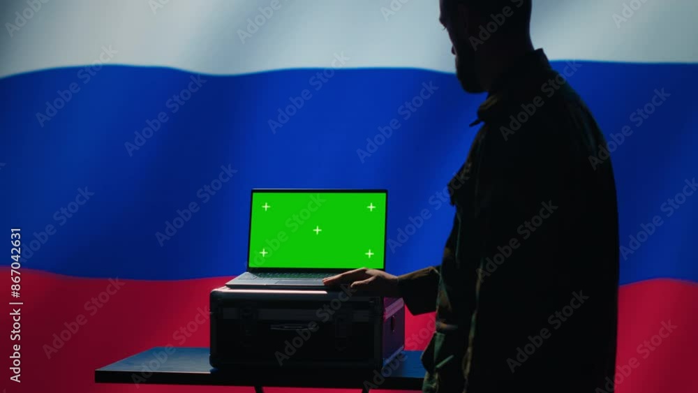 Poster russian ex kgb fsb service using radar on green screen laptop to detect missiles attacking borders. 