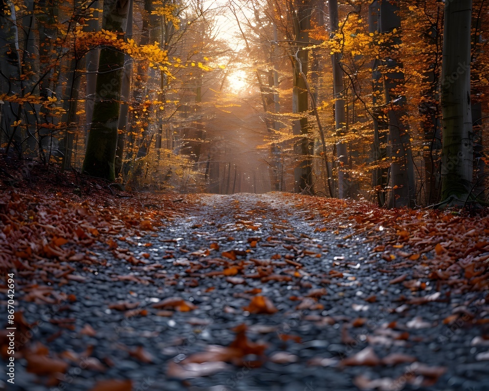 Canvas Prints Vibrant Autumn Forest Trail Covered in Fallen Leaves and Warm Sunlight