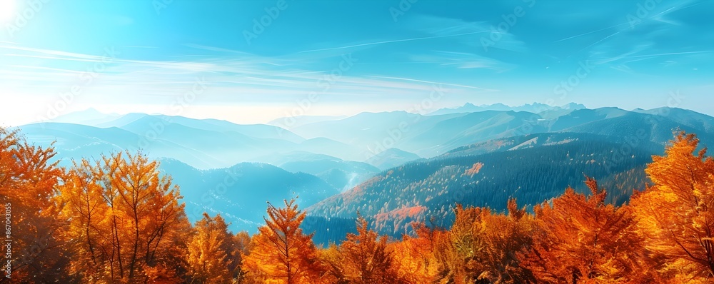 Sticker autumn mountain landscape with vibrant foliage and clear blue sky