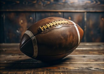 A brown football with white stitching on the side