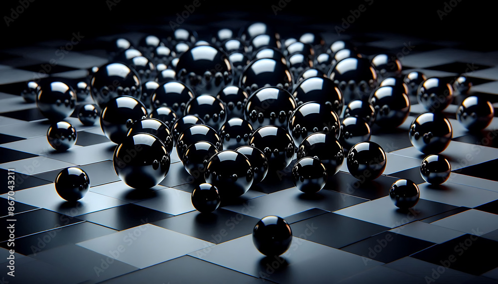 Poster a close-up of a collection of chrome spheres. they are arranged in a random pattern on a checkered b