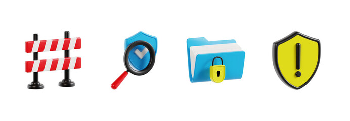 3d icon of Traffic Barrier, Search Security, Secure Folder, Shield Warning. Protection and Security 3d set. Transparent background