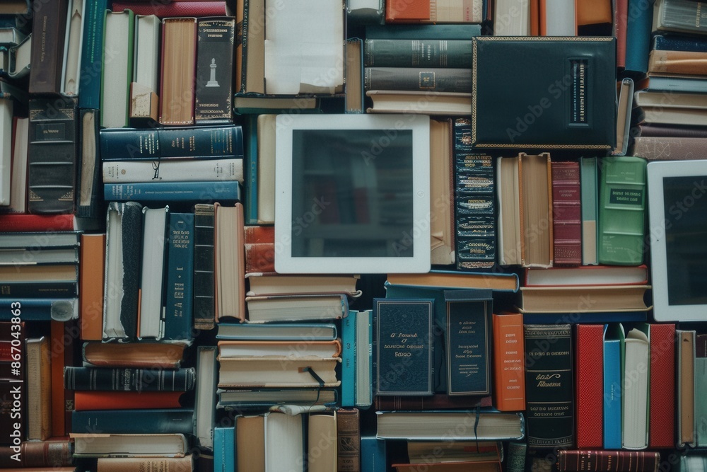 Poster tablets and e-readers displaying educational materials are surrounded by a collection of traditional