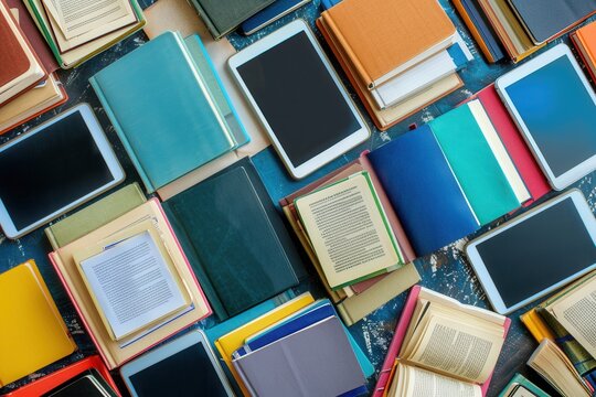 A tabletop display of modern technology for learning, featuring e-readers and tablets alongside traditional textbooks. Generative AI