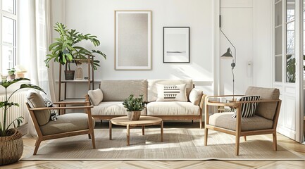 Elegant Minimalist Modern Living Room Interior with Wooden Furniture and Natural Light