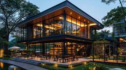 Modern, luxurious restaurant exterior with large glass windows illuminated at dusk. Concept of fine dining, architecture, and ambiance