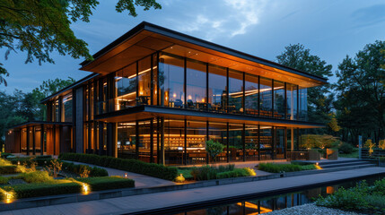 Modern Luxury Home with Glass Exterior at Twilight