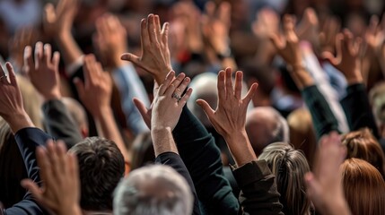 a professional business seminar, a diverse audience raises their hands in an important decision
