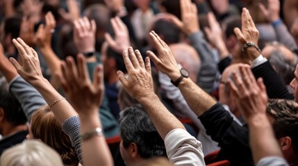 a professional business seminar, a diverse audience raises their hands in an important decision