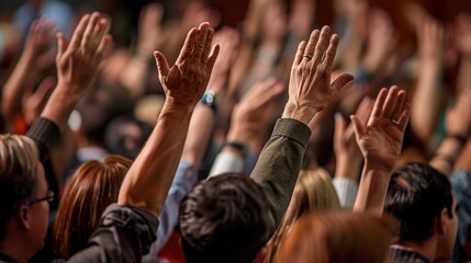 a professional business seminar, a diverse audience raises their hands in an important decision