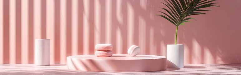 Pink minimalist dessert display with palm leaf and shadows, in an artistic and elegant modern scene