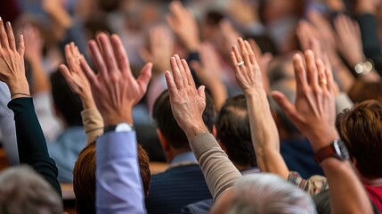 a professional business seminar, a diverse audience raises their hands in an important decision