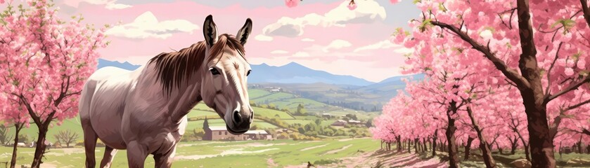 Obraz premium A beautiful white horse stands in a field of pink cherry blossoms