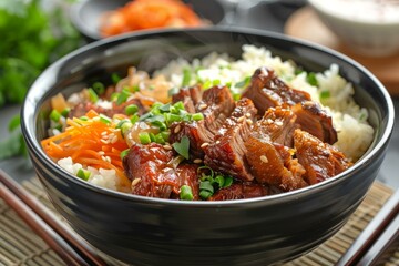 Fototapeta premium Steaming bowl of rice is topped with sliced barbecue, sesame seeds, and sliced carrots