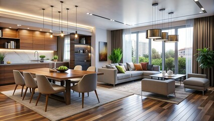 Modern interior of living room and Dining Room