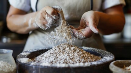 A chef carefully grinds wild buckwheat into a flour ready to be used in an ancient grain bread recipe.