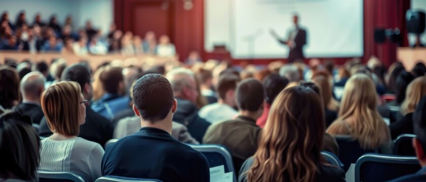 Business people or students are watching a presentation or attend a training or seminar in a lecture hall or auditorium. Conference hall full of people participating in the business training