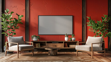 Modern Minimalist Interior Design with Blank Frame Mockup on Red Wall