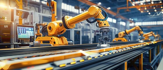 Industrial robot works automatically in smart autonomous factory