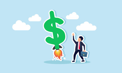 Increase your income, grow business revenue or profit, and boost investment earnings, concept of A happy businessman or investor with a dollar sign launching a rocket high into the sky