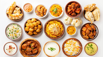 op view collection of Indian foods isolated on a white background, including momos, butter chicken curry and rice, samosas, and pani puri 