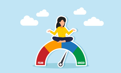 Market sentiment, fear and greed index, emotions in stock or crypto trading, and investment risk psychology, concept of businessman investor meditating on market sentiment gauge