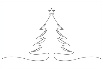Continuous one Line art of Christmas tree with star on top, pine plant in vector illustration
