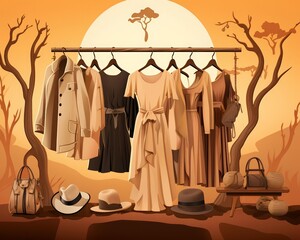 A collection of stylish safari-inspired clothing and accessories. Perfect for a day out in the wild or a night on the town.
