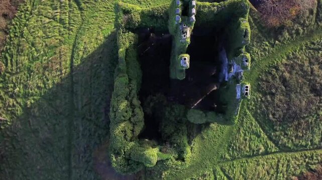 Iconic Menlo Castle. Galway, Ireland. Descending aerial top down