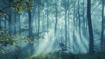Obraz premium A serene forest landscape at dawn, with mist and sunbeams creating a magical atmosphere. Generative AI