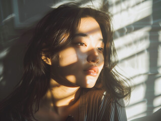 close up portrait of asian woman basking in the soft sunlight