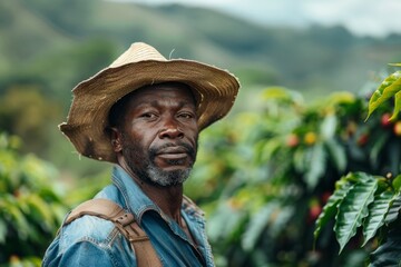An African farmer, clad in a straw hat, standing amidst a coffee plantation.


