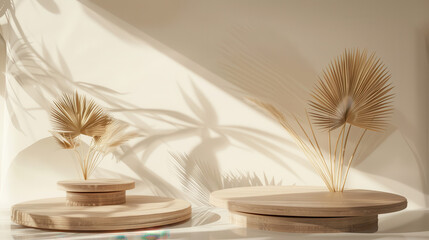 a modern display, showcasing two oval platforms with polished wooden tops and matte, cream bases