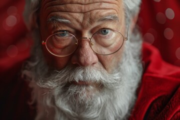 An authentic Santa Claus, sporting a genuine beard and dressed in a red costume, gazes seriously.






