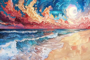 Naklejka premium Swirling sand and waves under a vibrant sky, watercolor ink, pointillism, Art Nouveau inspiration