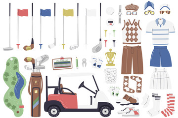 Golf club equipment and sportswear big collection. Professional inventory and golfer player clothing set. Golf course map and cart car. Businessmen outdoor sports hand drawn flat vector illustration
