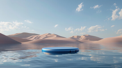 a blue circular structure floating on calm water, the desert in the background