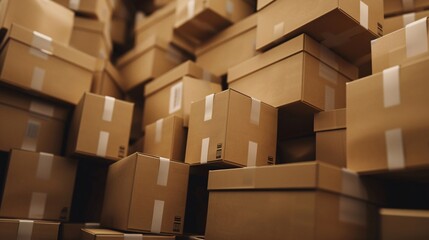 3d rendering of a lot of cardboard boxes stacked in a warehouse.