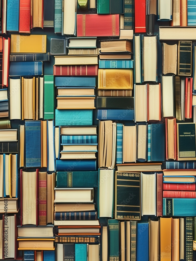 Poster a close-up shot of numerous stacked books, creating a colorful and vibrant background for online lea