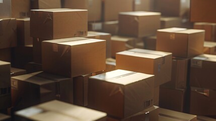 3d rendering of a lot of cardboard boxes stacked in a warehouse.