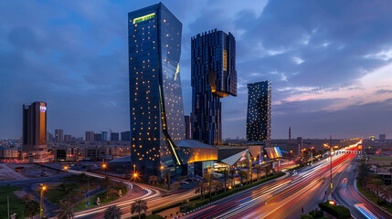 During the blue hour, the KAFD buildings in Riyadh, Saudi Arabia, stand out 