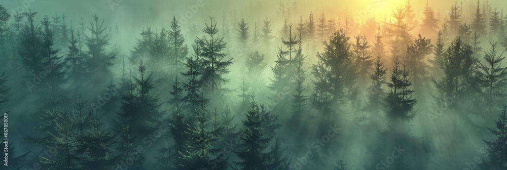 Poster a mystical forest landscape at dawn, with trees bathed in the soft glow of the rising sun. generativ