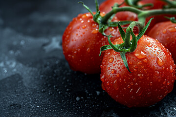 Red ripe tomatoes on a black concrete table surface with droplets of water. Generative AI