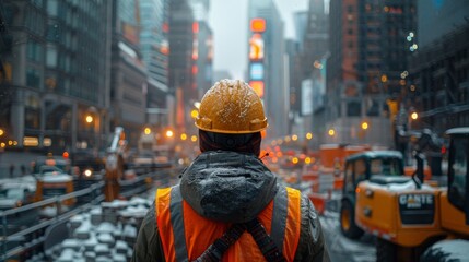 Construction Worker in Winter Urban Landscape Generative AI