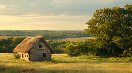 Fototapeta premium Farmhouse: A rustic farmhouse with a thatched roof, surrounded by fields, trees, and perhaps some farm animals. 