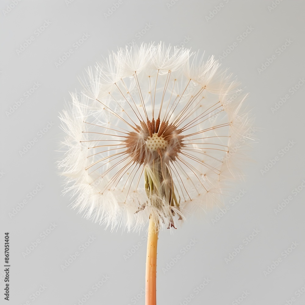 Poster Delicate Dandelion Seed Head on White Background Macro Nature Concept with Copy Space