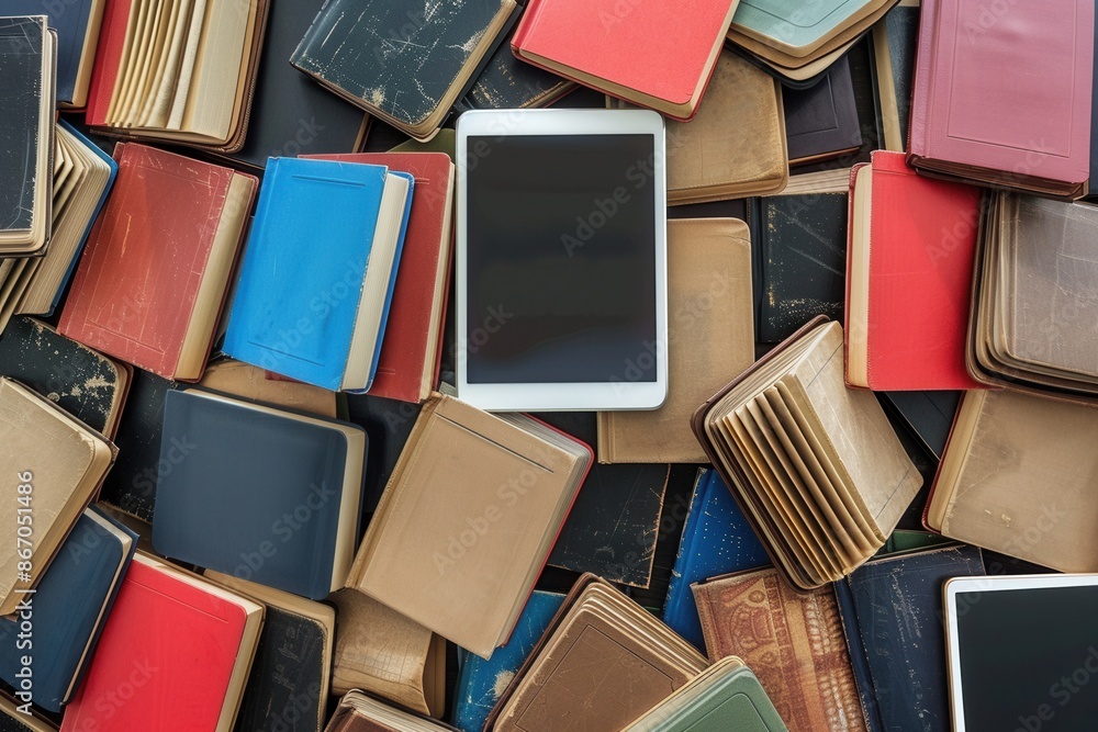 Aufkleber A white tablet rests atop a pile of closed textbooks, signifying the transition from traditional learning to modern, digital education. Generative AI